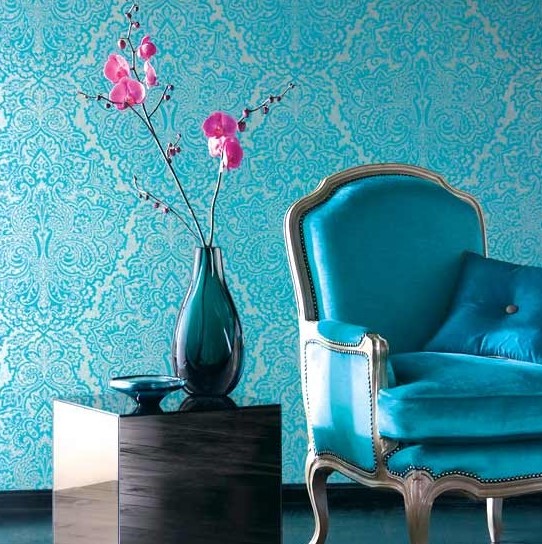 Nice Turquoise Damask Wallpaper