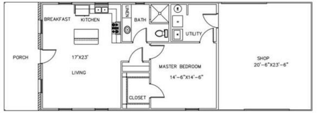 1 Bedroom and 1 Bathroom Barndominium Floor Plans