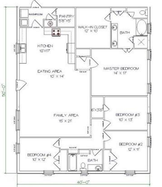 4 Bedrooms and 2 Bathrooms Barndominium Floor Plans