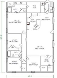 5 Bedrooms and 2 Bathrooms Barndominium Floor Plans