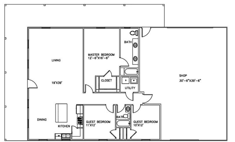 Barndominium Floor Plans 3 Bed, 1 Bath – 30’x40′ 1200 sq. ft.