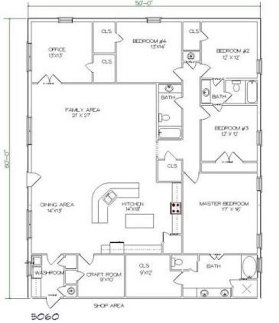 Barndominium Floor Plans 5 Bed, 3 Bath – 50’x60′ 3000 sq. ft.