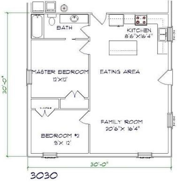 Brandominium Floor Plan 2 bed, 1 bath - 30'x30' 900 sq. ft.